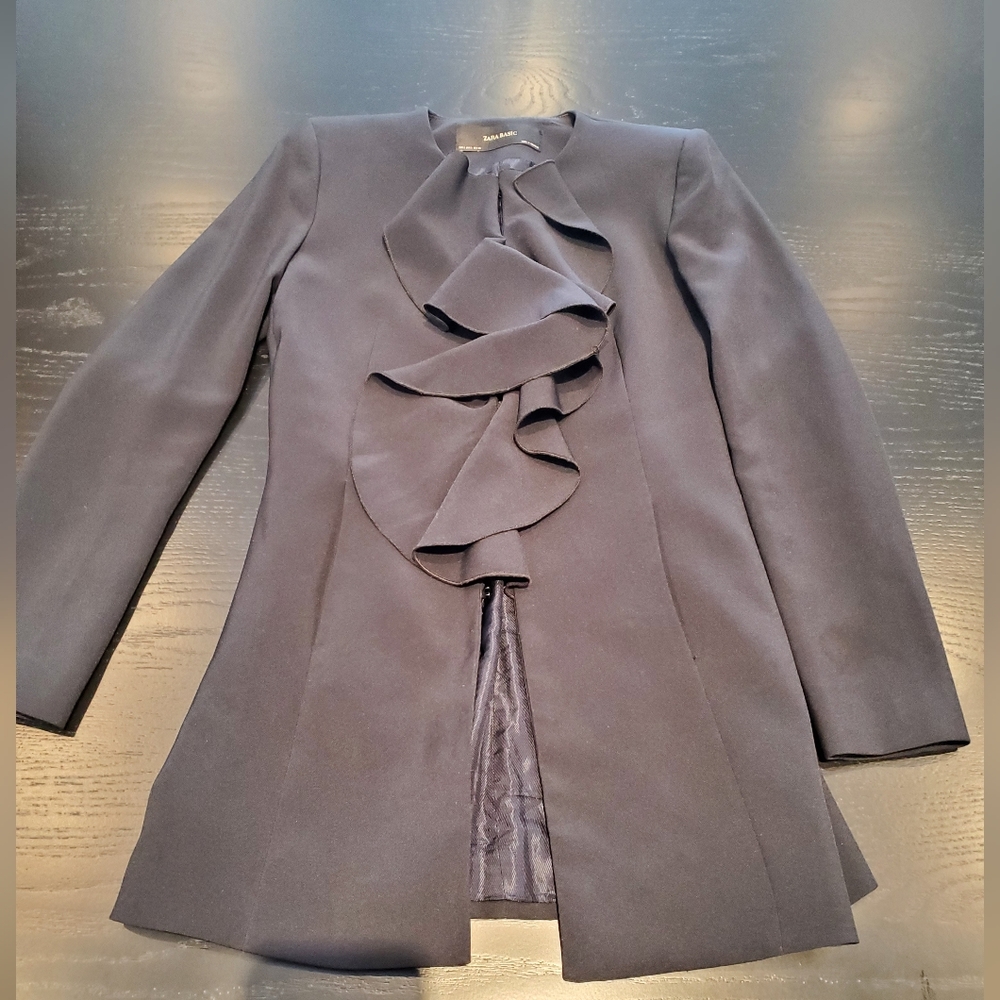 Zara navy ruffle front jacket